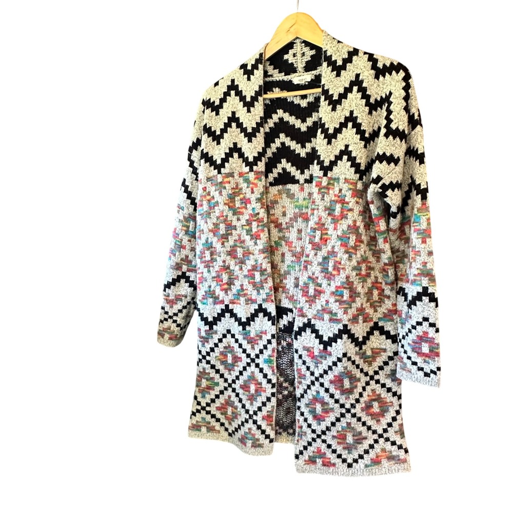 Debut Southwestern Geometric Open Front Knit Cardigan Vibrant Colors Bohemian